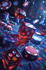 Casino Illustration with Chips, Dice, Slot Machines, and Players