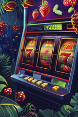 Casino Illustration with Chips, Dice, Slot Machines, and Players