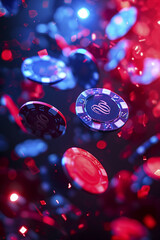 Casino Illustration with Chips, Dice, Slot Machines, and Players