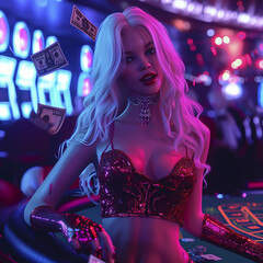 Casino Illustration with Chips, Dice, Slot Machines, and Players