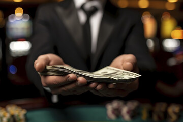 Confident Man in Suit Holding Money Close-up