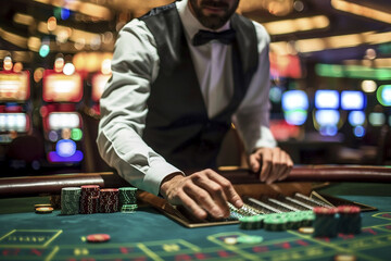Casino Illustration with Chips, Dice, Slot Machines, and Players