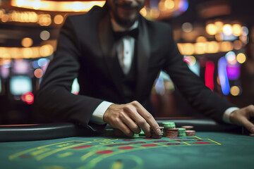 Casino Illustration with Chips, Dice, Slot Machines, and Players