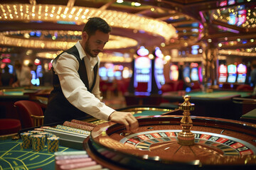 Casino Illustration with Chips, Dice, Slot Machines, and Players