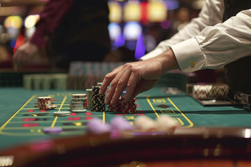 Casino Illustration with Chips, Dice, Slot Machines, and Players