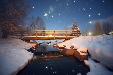 snowy footbridge with stars reflecting in the stream
