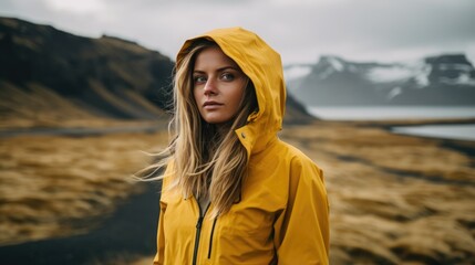 Young woman tourist in a yellow coat Iceland landscapes in the background
