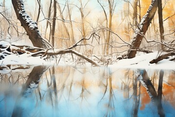 reflection of wintry forests in a semi-frozen creek