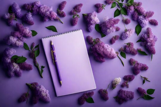 A high-definition image of a lilac flower bouquet placed elegantly on a notebook mockup, the ultraviolet hues blending seamlessly with the solid background.