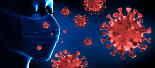 Group of virus in front of human face- flu outbreak or coronaviruses influenza - 3D illustration