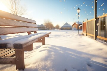 bench with snow, footprints and bird tracks mixed