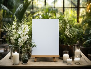 Mockup of a white canvas on an easel as a welcome sign at wedding party