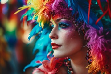 Obraz na płótnie Canvas Exotic Woman with Rainbow Feather Boa. Woman adorned with a multicolour feather boa.