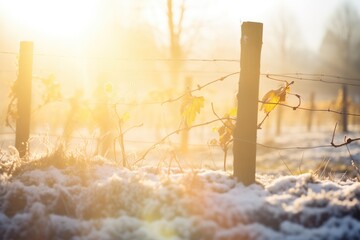 sunlight piercing through mist in a winter vineyard