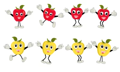 Fotobehang Apple Cartoon character Illustration of a Happy Apple Character. Red, yellow, green apple funny character, concept of health care for kids © Miky