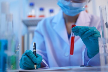 Science test tubes, laboratory equipment for new medical research, microbiology research with small...