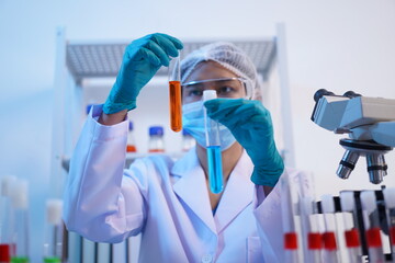 Science test tubes, laboratory equipment for new medical research, microbiology research with small...