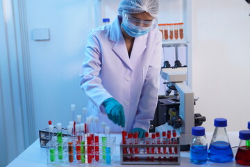 Science test tubes, laboratory equipment for new medical research, microbiology research with small...