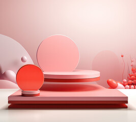 3d render of abstract minimal geometric forms. Glossy red podium for your design. Fashion show stage.