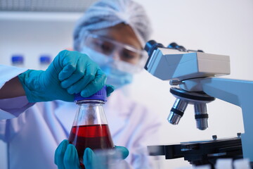 Science test tubes, laboratory equipment for new medical research, microbiology research with small...