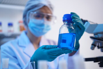 Science test tubes, laboratory equipment for new medical research, microbiology research with small...