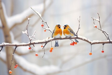 pair of winter birds perched on a snowy branch