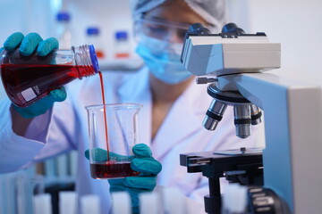Science test tubes, laboratory equipment for new medical research, microbiology research with small...