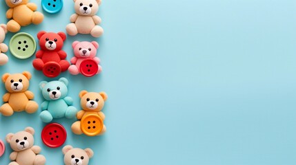 Baby kids toy frame background. Teddy bearsfor children on light blue background. Top view, flat lay.