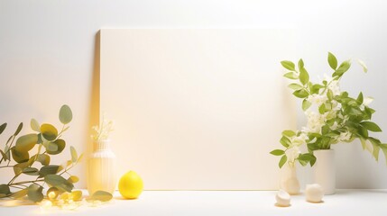 Naklejka na ściany i meble Blank white drawing canvas on mint soft yellow colored surface with spring leaves in white pot and lemon fruit. Spring Summer Eco design banner copy space template