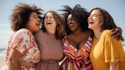Group of plus size female friends laughing happily on the beach, expressing love for yourself.