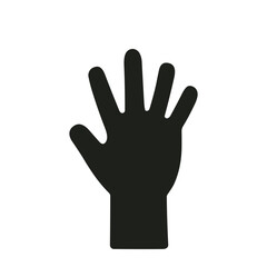 Silhouette of a black hand raised up on a white background.