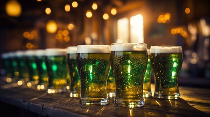 Group of pint glasses with green beer on wooden table with defocused pub background for St. Patrick's Day. - obrazy, fototapety, plakaty