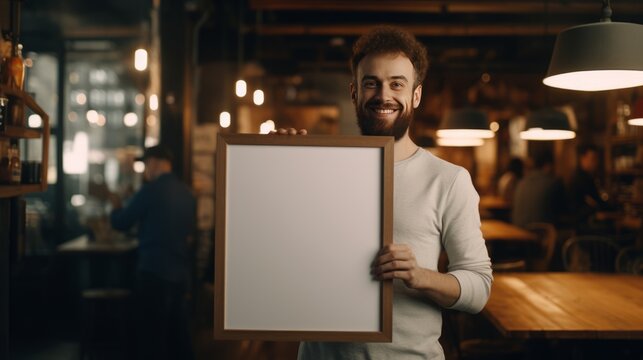 Handsome man holding an empty frame in a cafe.