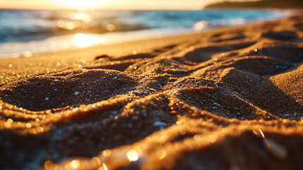 暖かい金オレンジ色の夕日の光を持つクローズアップビーチGenerativeAI - obrazy, fototapety, plakaty