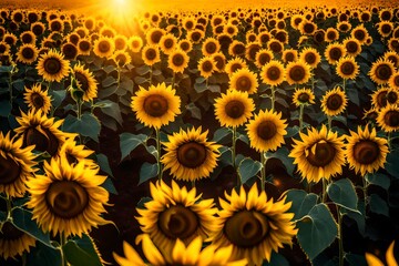 A field of sunflowers stretching towards the horizon, their golden petals basking in the sunlight.