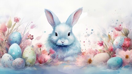Easter landscape, rabbit, colorful eggs and flowers on meadow. Easter watercolor decor elements design for card