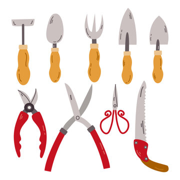 Gardening tools hand drawn vector illustration set. Garden tools - shovel, cultivator, scissors, shears, rake, hand saw.Horticulture concept .
