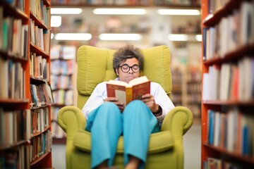 someone wearing glasses reading in a bookstore armchair