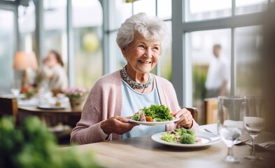 mid age beautiful elderly senior model woman visiting restaurant, Joyful senior male enjoying healthy lunch, showcasing a lifestyle of well-being and contentment. people lifestyle concept