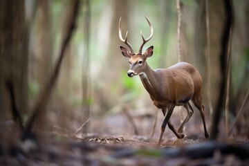 bushbuck trotting along a narrow forest path