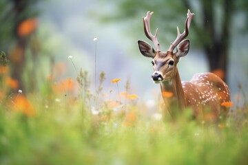 Fototapeta premium bushbuck nuzzling in a wildflower patch in forest
