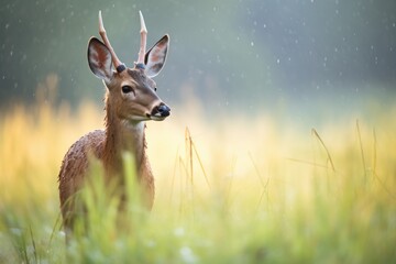 dew-covered bushbuck in the early morning light - obrazy, fototapety, plakaty