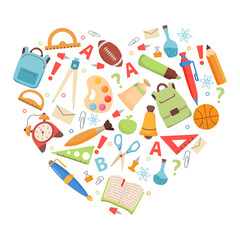 Heart frame school supplies.Back to school. Education hand drawn symbols. school icon.Design for web, site, advertising, banner, poster.Stationery elements. Office supplies.Sports equipment.