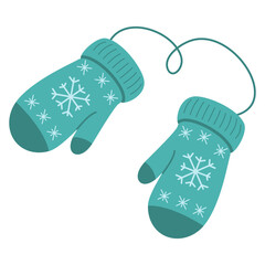 Blue knitted mittens.Warm knitted mittens.Cute blue gloves with snowflake patterns a for the winter season.Pair of woolen knitted glovesVector illustration.Warm accessories for cold weather.