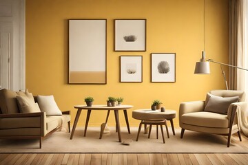 A cozy living room setup captured in HD, with a blank frame on a muted yellow wall and simple yet stylish furniture in complementary tones.
