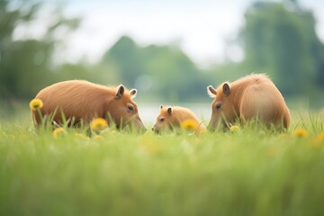 capybaras foraging in a meadow