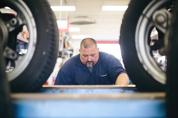 mechanic aligning car wheels on alignment rack
