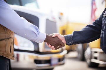 close-up of a handshake with a semi-truck in the background - obrazy, fototapety, plakaty