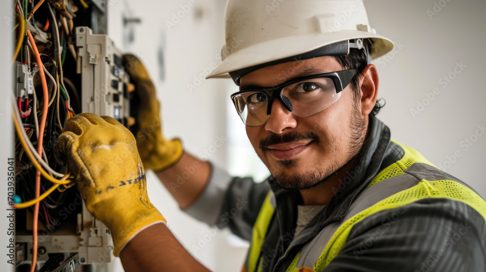 Poster a professional electrician is smiling while working on a complex electrical panel