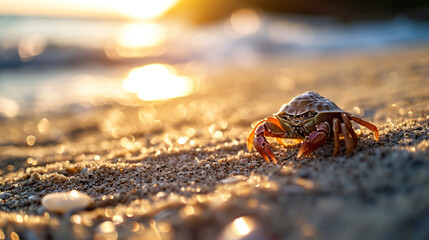 砂浜の夕日の背景に小さなヤドカリ、かわいい海洋野生生物の明るい色GenerativeAI - obrazy, fototapety, plakaty
